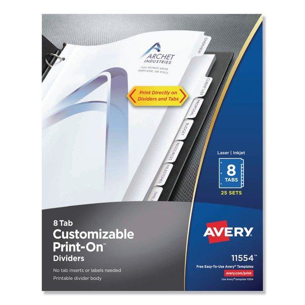 Avery Dennison Print-On Index Dividers 8 Tab, White, PK200 11554